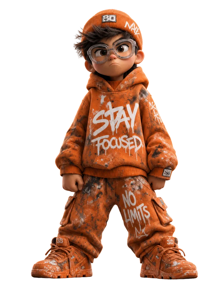 Streetwear boy figurine in orange graffiti hoodie