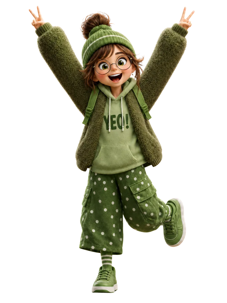 Cheerful girl figurine in green fleece jacket