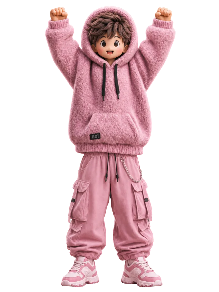 Boy figurine in pink fleece hoodie with raised fists