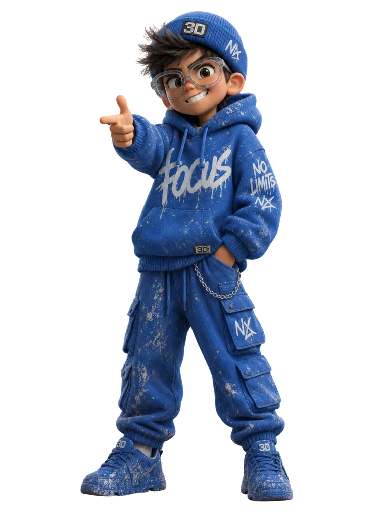 Boy figurine in blue graffiti hoodie pointing